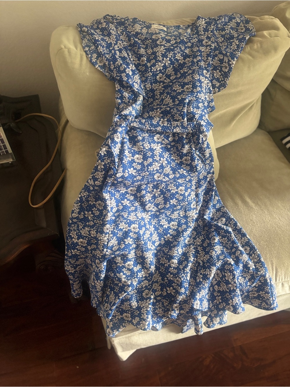 Floral Ruffle Midi Dress in Blue and White
